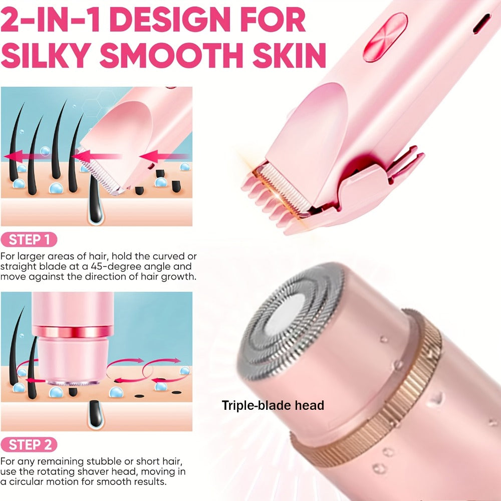 Electric Hair Removal Shaver Women 2-in-1 Dual Head USB Rechargeable - Stainless Steel Blades Cordless Epilator for Face Legs Bikini Line Underarms Intimate Areas - Pink Purple Blue