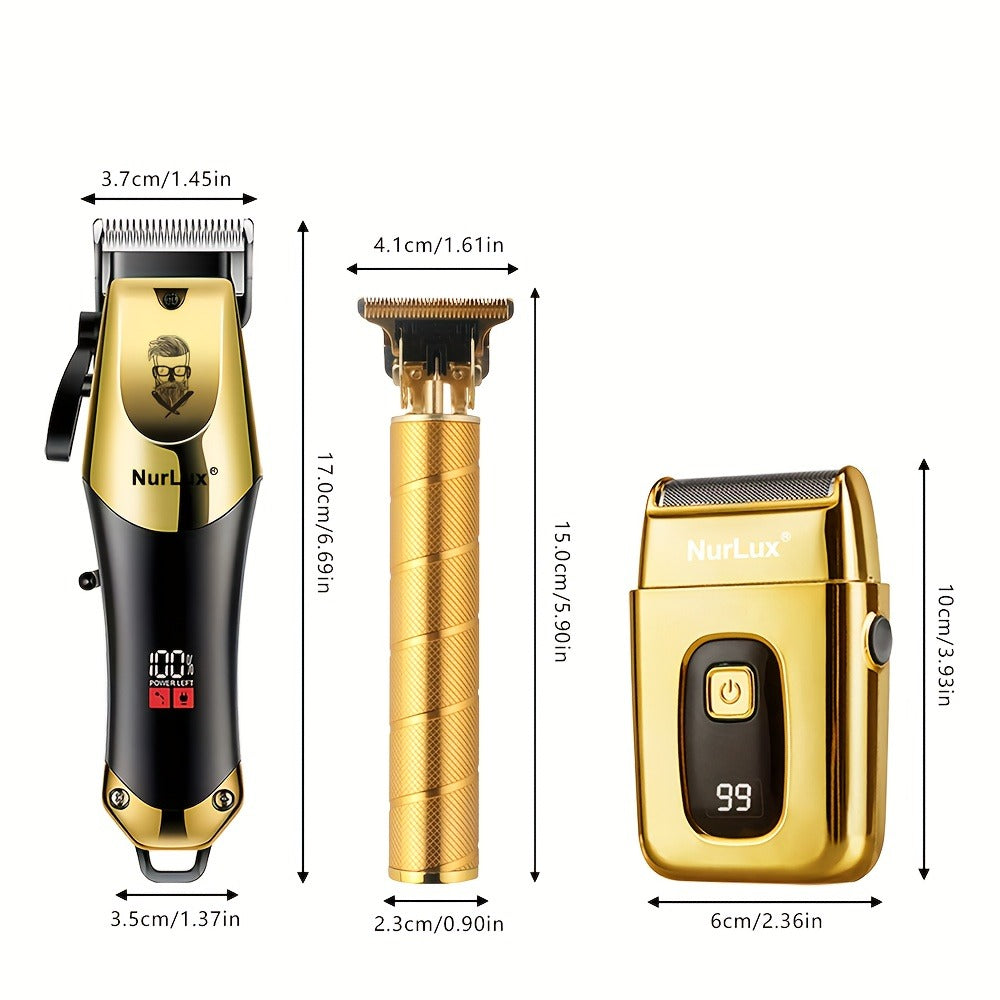 Hair Clipper Set for Men USB Rechargeable - LCD Display Cordless Trimmer, Guide Combs & Cleaning Brushes, Professional Home Haircut Kit, Gift for Men, Golden Blue Silver
