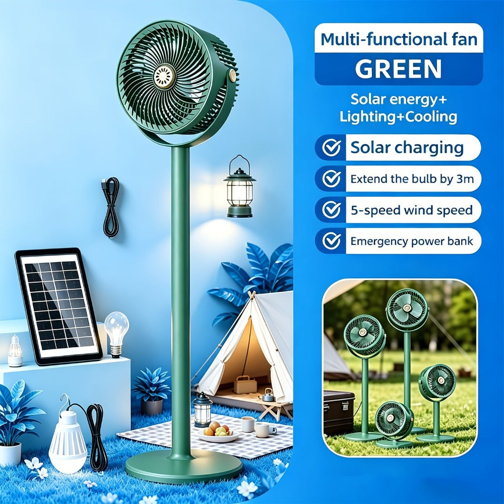 Solar Floor Fan 33-Inch Rechargeable 4000mAh USB Standing Fan Power Bank 2-in-1 360° Tilt 5-Speed 4-Height Adjustable for Indoor Outdoor Courtyard RV Camping