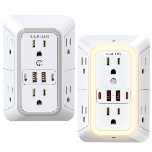 Wall Outlet Splitter with 6 AC Outlets, 2 USB-A & 2 USB-C, Optional Sensor Night Light