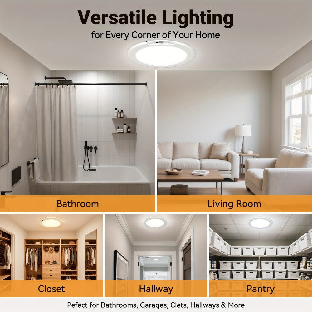 Rechargeable LED Ceiling Light with Motion Sensor – Remote Control Dimmable, 3 Color Temps 3000K/4500K/6500K, 10 Brightness Levels, Battery Operated Closet Light for Bathroom Hallway Pantry Porch