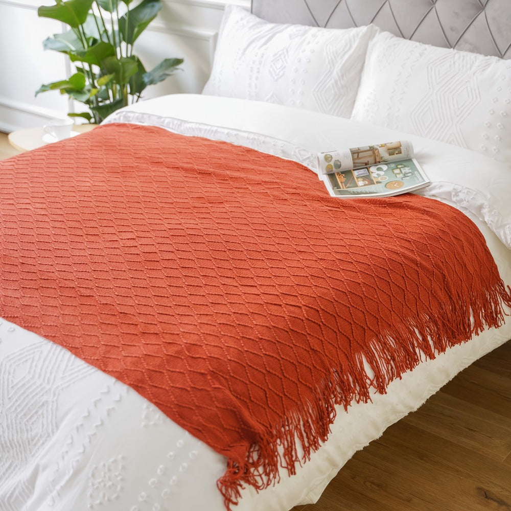 Tassel Throw Blanket – Soft Lightweight Decorative Fringe Throw for Couch, Chair, Bed & Sofa, 50”×60”, 6 Colors, Boho Home Decor