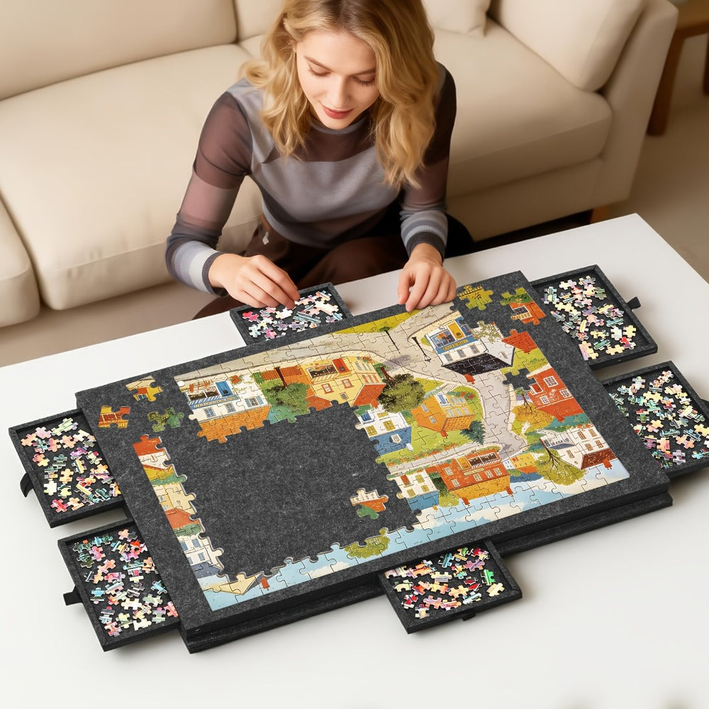 Roll-Up Puzzle Mat Board Extra Large – Foldaway Felt Mat for 1000 & 1500 Piece Jigsaw Puzzles, 6 Sorting Drawers, Portable Roll-Up Storage Solution for Puzzle Lovers Adults Seniors