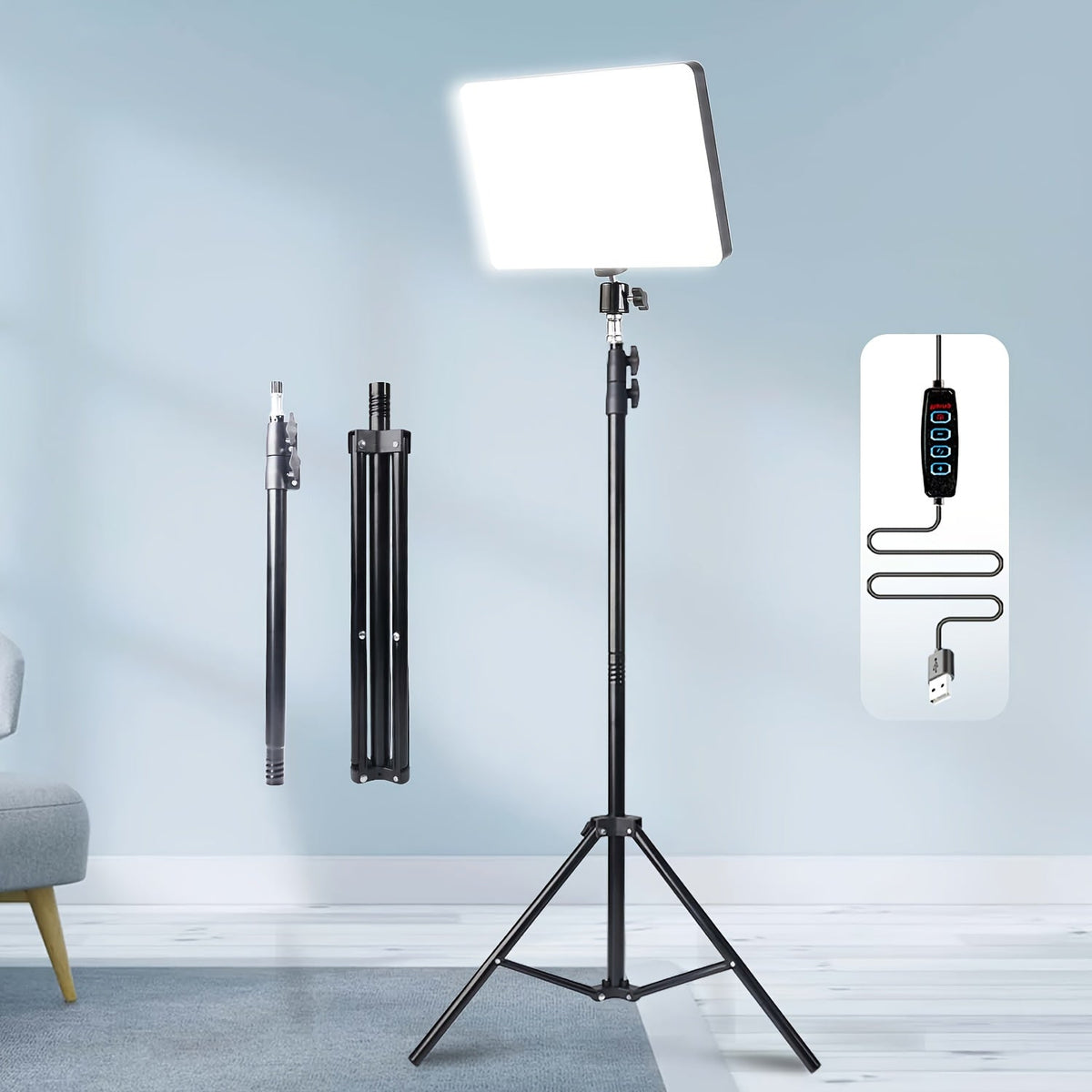 ZOMEI 10in LED Square Light Kit with 43.3in Tripod Stand & Phone Holder - Dimmable 3000K-6000K Studio Photography Lighting for Video Recording, YouTube, TikTok & Game Streaming