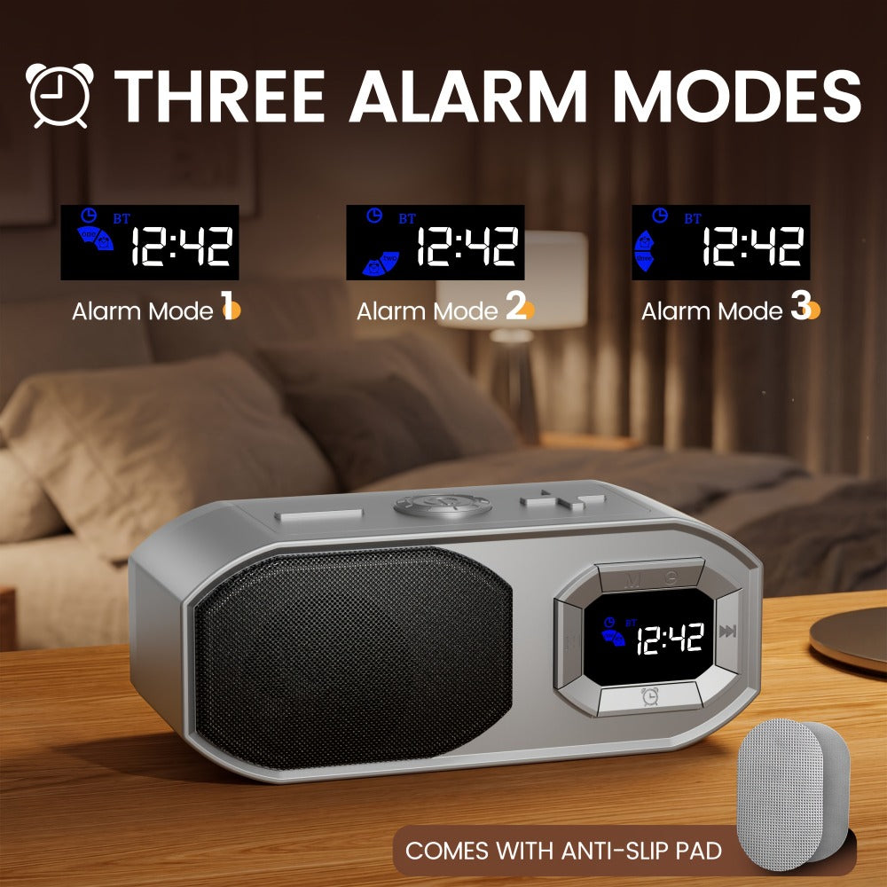 Bluetooth Speaker with Digital Alarm Clock, Fixed-Time Alarm, HD Sound, TWS Stereo Pairing, USB TF Card AUX Input, Type-C Rechargeable, Non-Slip Base, Wireless Bedside Speaker for Home Bedroom Dorm Camping