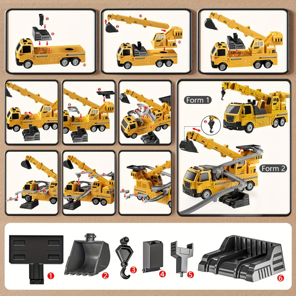 Crane Racing Track Toy Set – 3-in-1 Construction Playset with Excavator, 8 Cars, Lights & Sounds