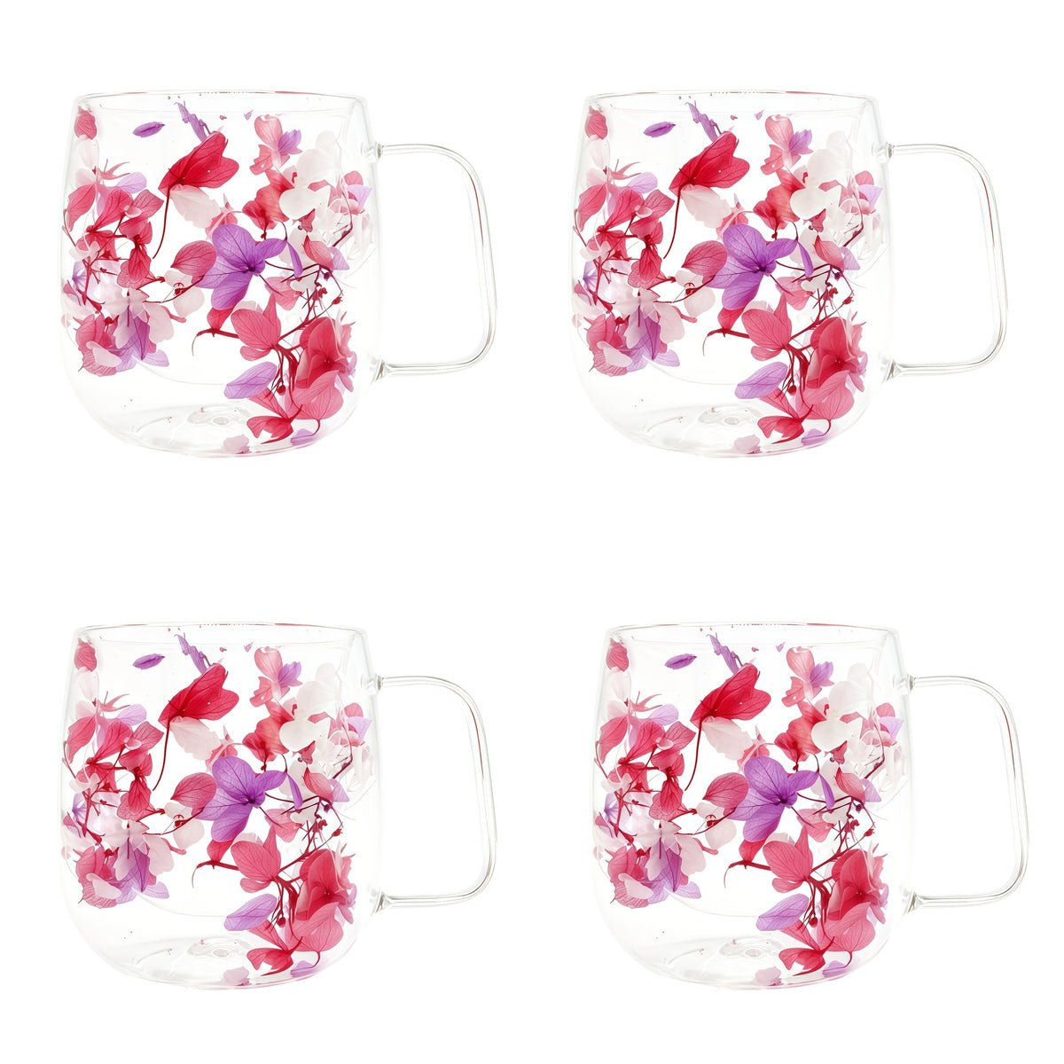 Double Wall Glass Coffee Cups with Handle Set of 4 – Borosilicate Thermal Mugs for Latte Cappuccino Tea | Dried Flower & Petal Design Transparent Drinkware for Office Home Gifts