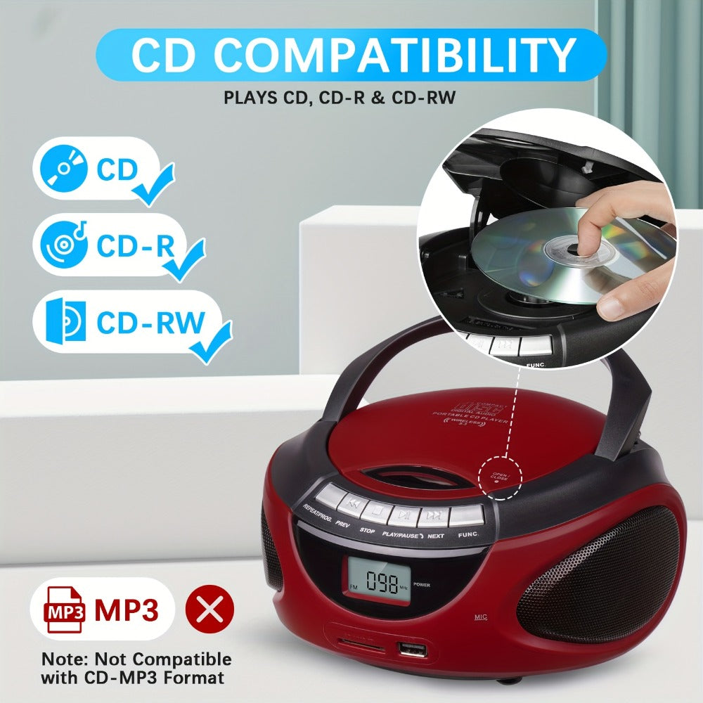 Portable CD Player Boombox with AM FM Radio Dual Stereo Speakers, Aux Input USB TF Card MP3 Player, Earphone Jack, A-B Repeat, Plug & Play 120V, Multi-Function Home & Outdoor CD Boombox