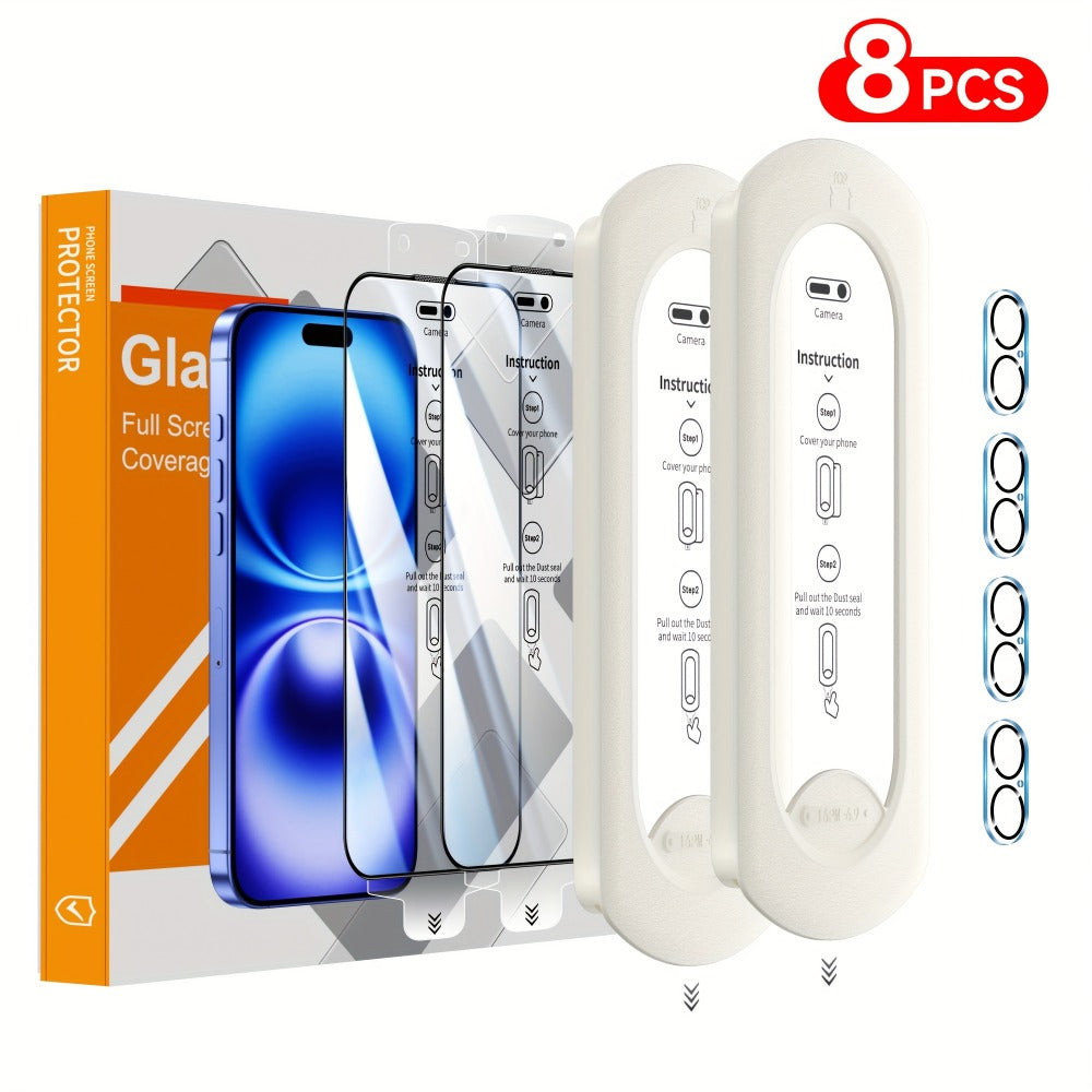 9H Tempered Glass Screen Protector for iPhone 8-Pack with Alignment Tool – 4 Screen + 4 Camera Lens, HD Clear, Bubble-Free, Case Compatible, iPhone 16 Pro Max / 15 / 14 / 13 / 12 / 11 Series