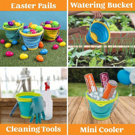 Collapsible Beach Bucket Set, 3-Pack with Shovels and Mesh Backpack