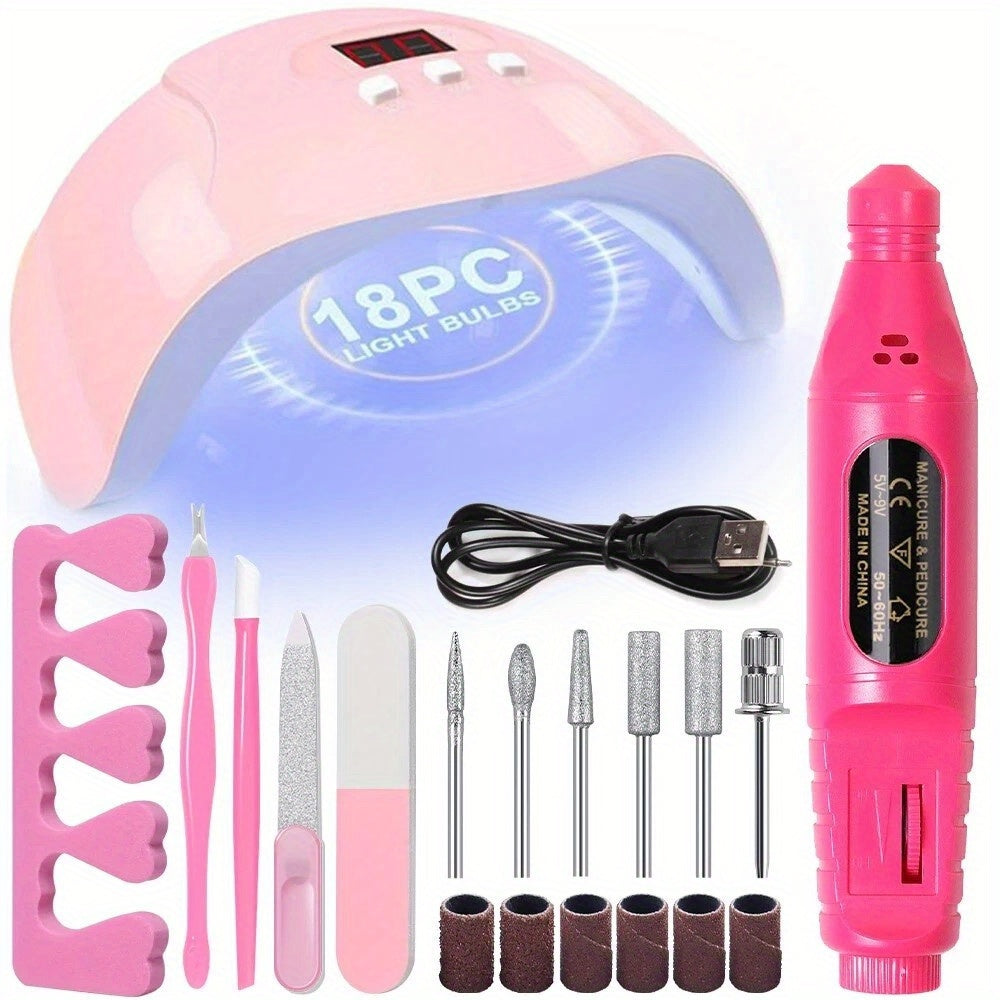 Gel Nail Manicure Kit 7-in-1 with LED Lamp – Stainless Steel Nail Art Tool Set, Cuticle Remover, Nail File, Polisher & Finger Separator, Complete Salon & Home DIY Nail Care Kit for Women
