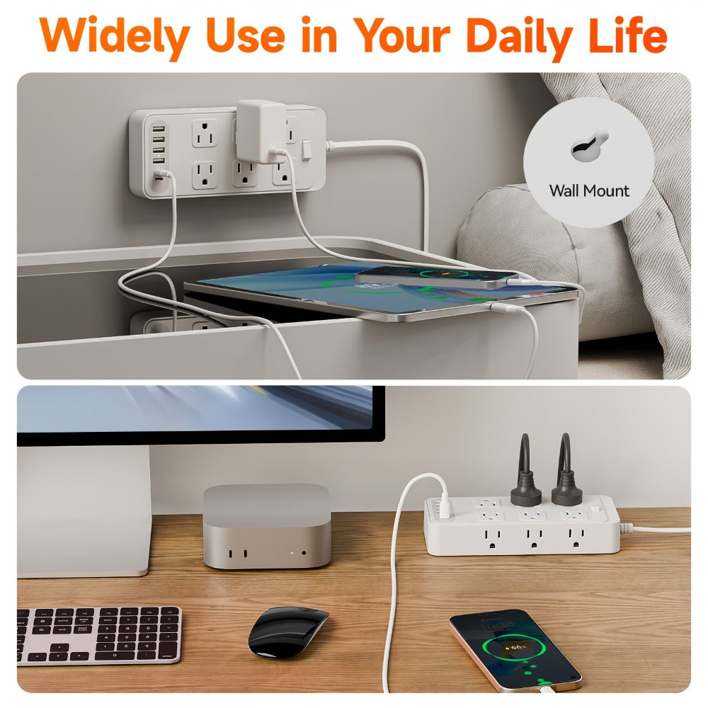 Flat Plug Power Strip 18-in-1 Fire-Resistant Surge Protector with 12 AC Outlets & 6 USB Ports (4 USB-A & 2 USB-C), 5ft Extension Cord, Charging Station for Home, Office & Travel