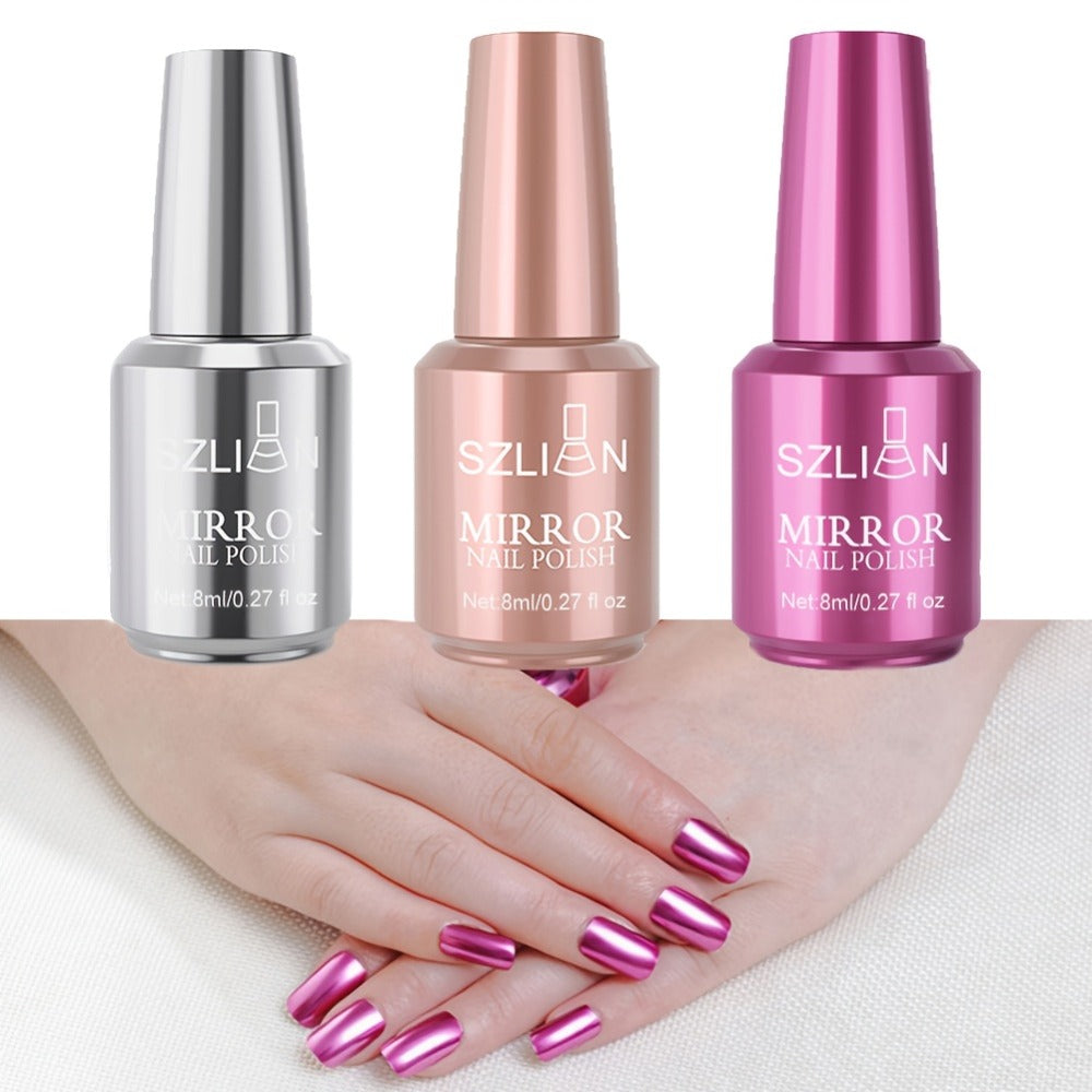 Chrome Mirror Nail Polish Set 3 Colors Metallic Reflective Finish – High-Shine Acrylic Nail Art Polish for Salon & Home Manicure, Party Holiday Valentine's Day Gift for Women