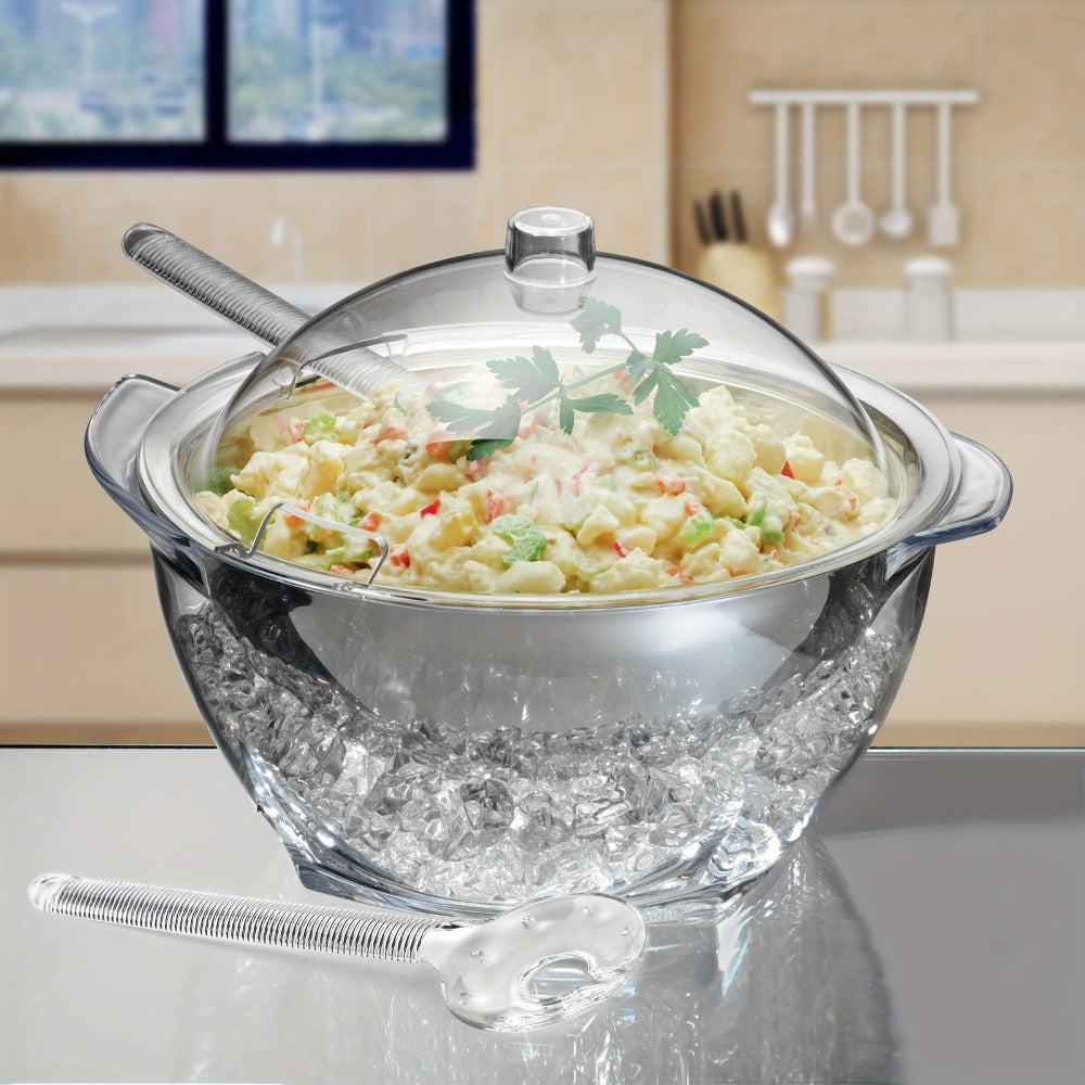 Stainless Steel Ice Chiller Salad Bowl with Lid and Serving Spoons – Large Refrigerated Veggie Fruit Tray with Ice Chiller Base for Party Entertaining Buffet Outdoor Picnic Food Display