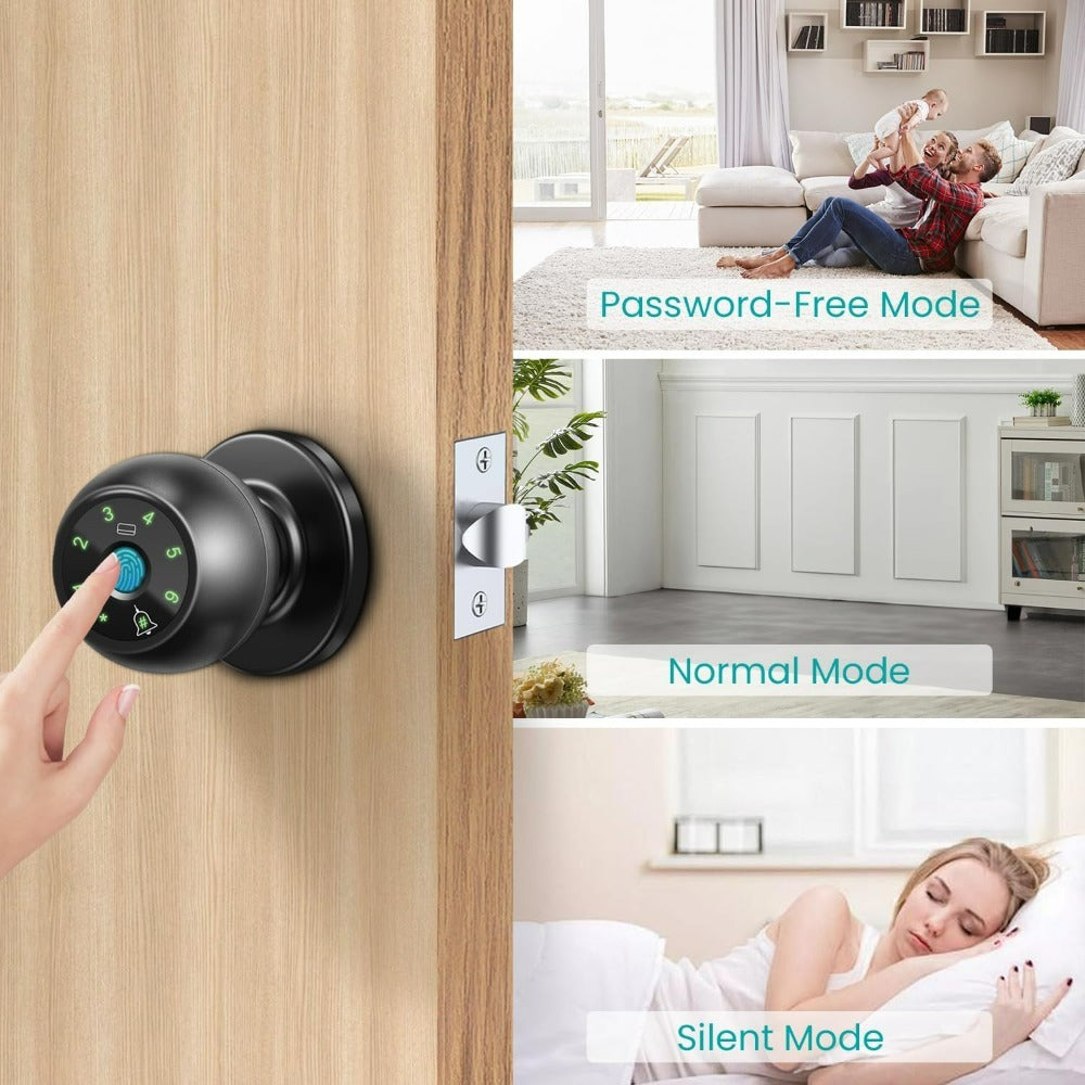 Biometric Handle Lock 5-in-1 Keyless Entry with Fingerprint, App, IC Card, Password & Backup Key – Silent Mode, Anti-Peep Keypad, Electronic Smart Door Handle for Bedroom Apartment Interior Door