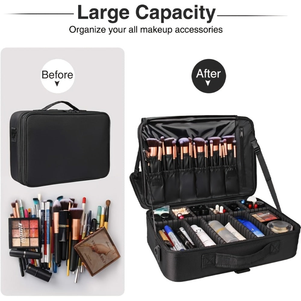 Professional Makeup Train Case 3-Layer 15.8 Inch Large Cosmetic Organizer with Adjustable Dividers Brush Holder Shoulder Strap for Makeup Artist Travel Studio Black