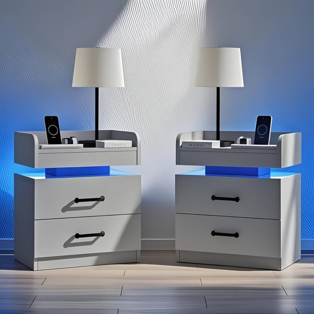 Wooden Nightstand with LED Ambient Light & Charging Station – Fabric Drawer, Blue Glow, Modern Bedside Table for Bedroom Living Room End Table, Black or White (Single or 2-Pack)