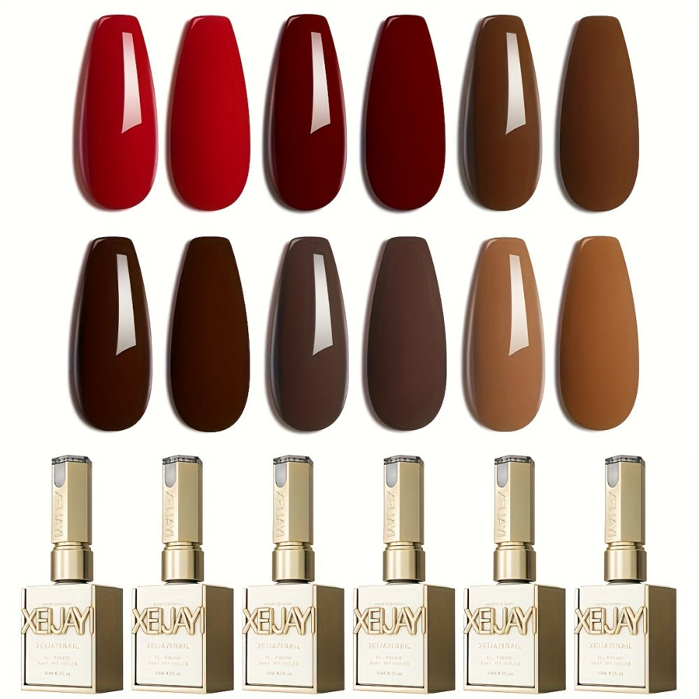 Red Glitter Gel Nail Polish Set 6 Colors — Sparkling Long-Lasting Soak Off LED UV Semi-Permanent Nail Gel | Gilded Bottle Salon Quality Nail Art Kit | Holiday Party Festive Nails Gift for Women