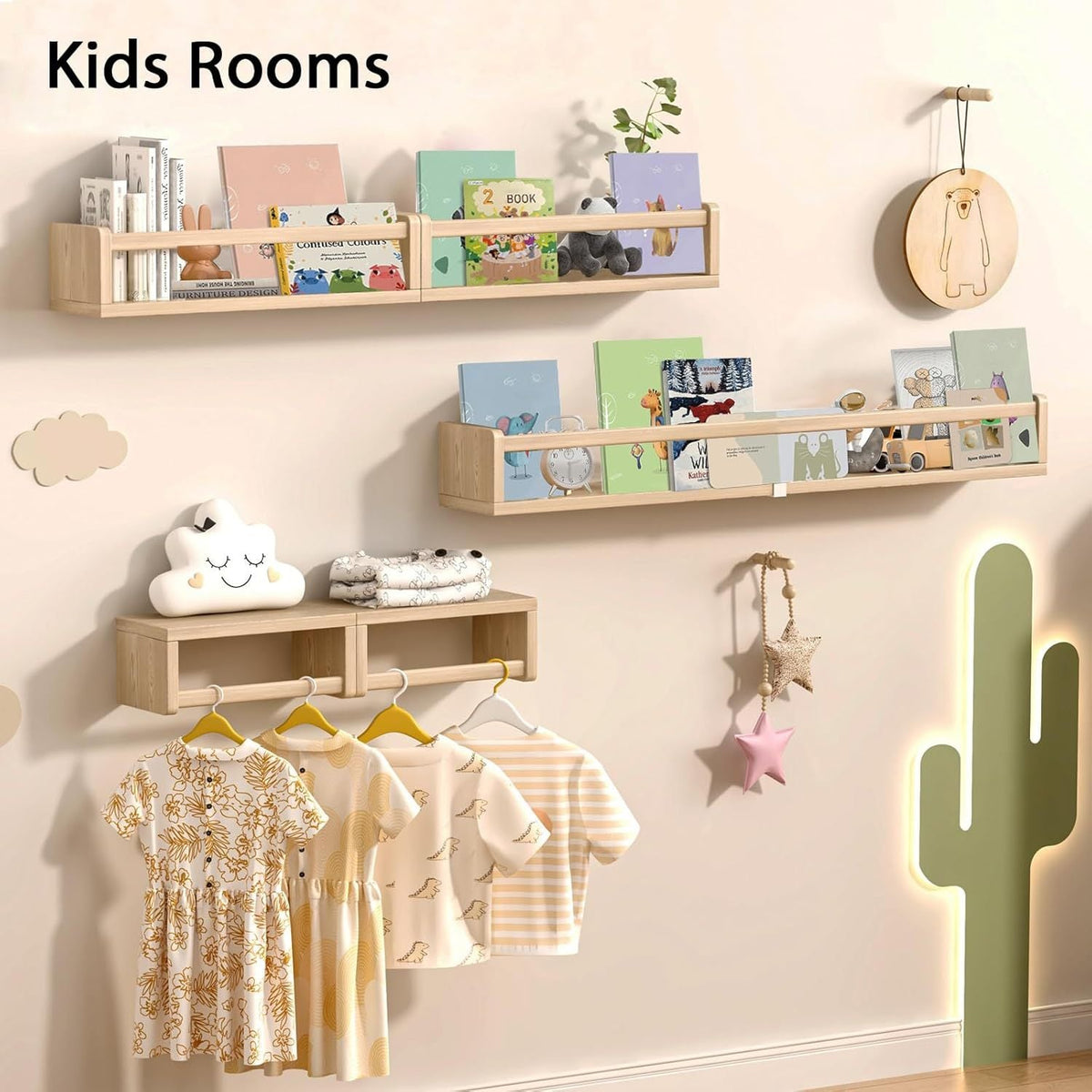 Floating Wall Shelves shown in the Natural Wood option