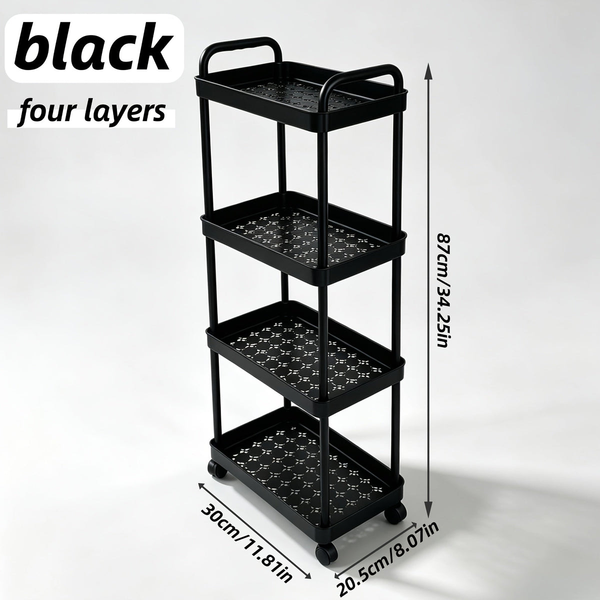 Storage Trolley Rack shown in the Black, 4 Tiers option