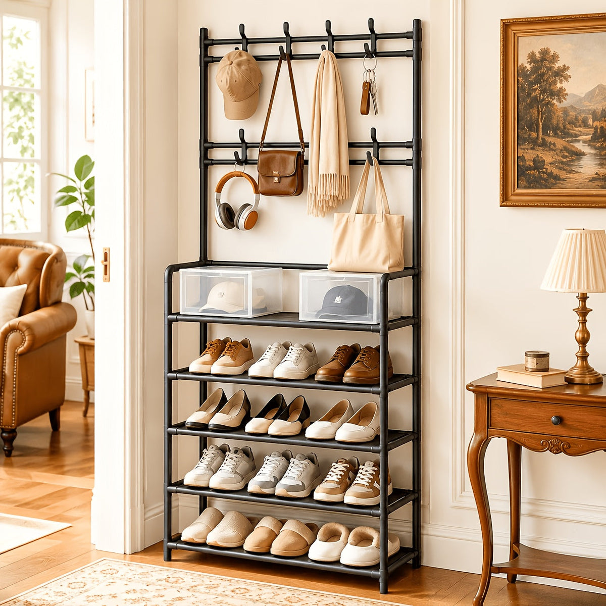 Shoe Rack shown in the Luxury Black, Specifications: Five tiers + 8 coat hooks option