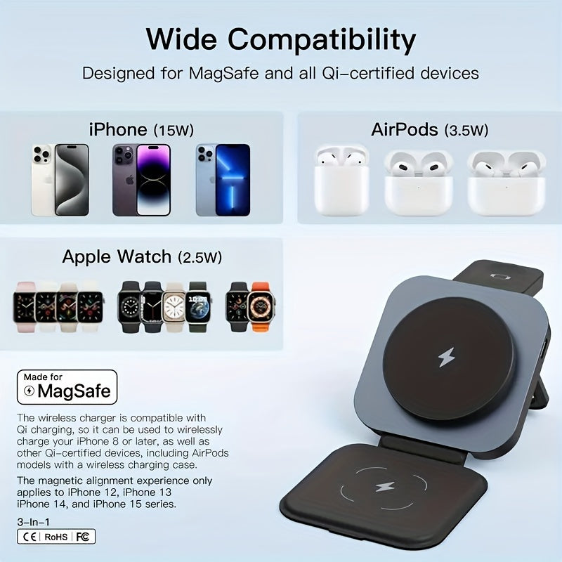 Foldable Travel 3-in-1 Wireless Charging Station 15W – Fast Charge for iPhone 17 16 15 14 13 12 Pro Max Plus, Apple Watch Ultra Series 9 8 7 6 5 4 3 2 1 SE & AirPods 4 3 2 Pro | Portable Black Charger