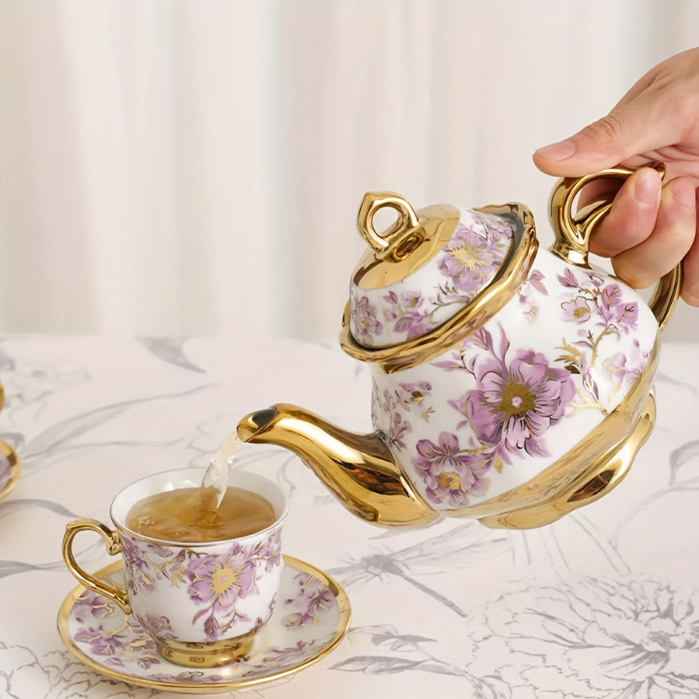 Floral Ceramic Tea Set 20 Pcs – European Porcelain Tea Cups & Saucers with Metal Holder & 15 Oz Teapot – Luxury Arabic Coffee Cup Set for Espresso, Cappuccino & Afternoon Tea – Elegant Gift