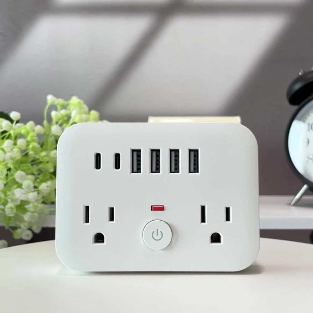 Compact Travel Surge Protector Power Strip 8-in-1 with 2 AC Outlets 4 USB-A Ports 2 USB-C Jacks Overload Protection Wall Mount Mini Portable Charging Station for Home Office Travel – Black or White