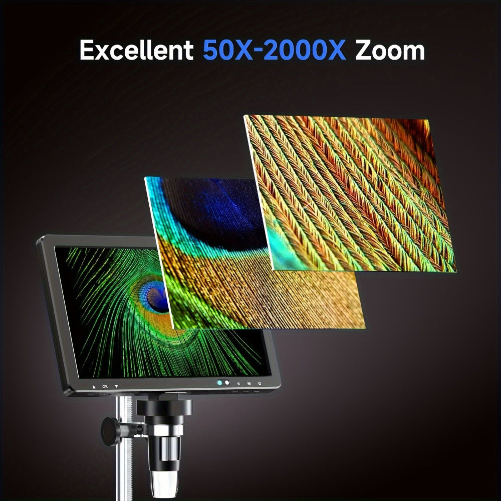 10.1 Inch Digital Microscope 2000X Magnification, 20MP IPS Screen Coin & Soldering Microscope with 10.4-Inch Extended Stand, USB PC Compatible, Electronic Inspection Microscope – Holiday Gift for Men