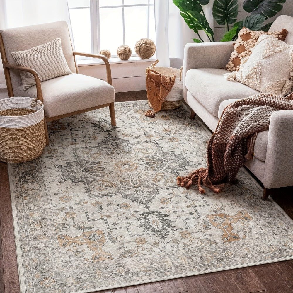 Vintage Chenille Area Rug Non-Slip Machine Washable – Retro Print Lightweight Carpet for Living Room, Bedroom, Dining Area & Home Office – Light Taupe Brown, 8 Sizes