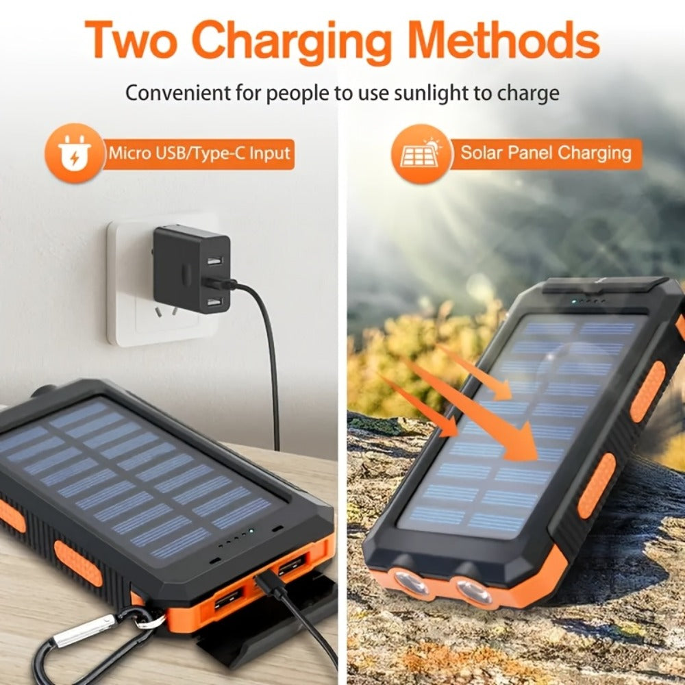 29800mAh Solar Power Bank with Compass & Dual LED Flashlight – Outdoor Camping Portable Charger, Dual USB 5V Output, SOS Emergency Battery Pack for Cell Phones & Mobile Devices, Black/Orange