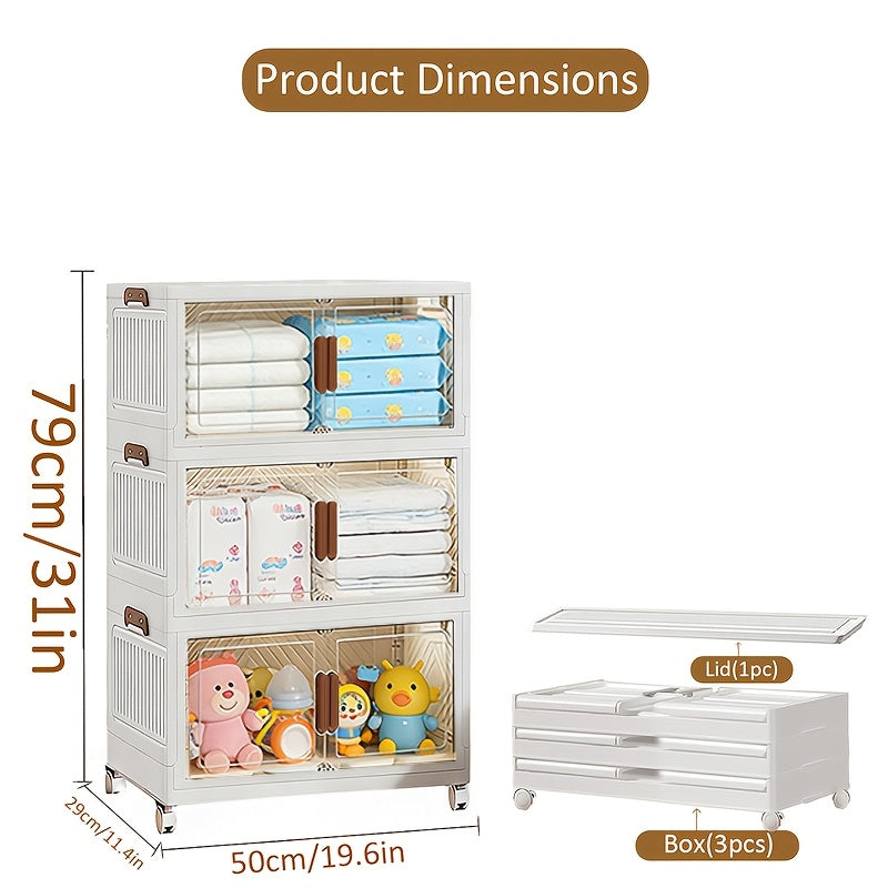 Stackable Foldable Storage Cabinet with Door – PP Plastic 1/2/3/4/5 Layer Organizer Box with Wheels & Cover | Dual-Access Home Storage for Clothes, Books, Snacks & Kitchen Supplies | Office & Garage