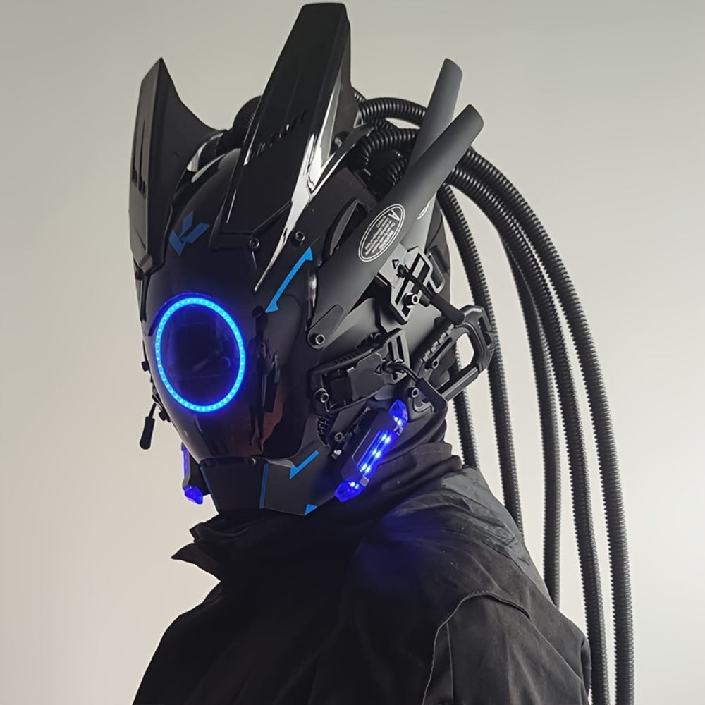 LED Punk Mask with Tubular Braids & Helmet – Futuristic Sci-Fi Mechanical Cosplay Mask for Halloween, Rave Music Festival & Party, Blue Green Pink, Handmade TPU PC Unisex Adult Costume Prop