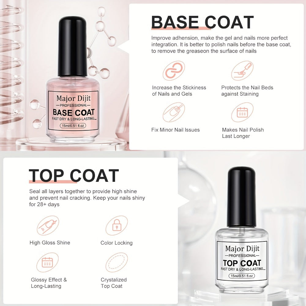 Nail Base Coat and Top Coat Kit — High Gloss Long-Lasting Air Dry Non-Gel Nail Care Set with Nutrient Oil & Drying Agent, Professional Home Manicure Treatment Essentials for Women (15ml / 0.5oz Each)