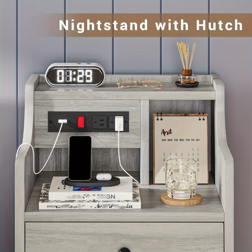 Nightstand with Power Outlets and USB Ports – 3-Drawer Hutch Charging Station | 2 Outlets 2 USB | Bedroom End Table Side Table | 14"D x 17.7"W x 26.8"H | Gray or White | Housewarming Gift