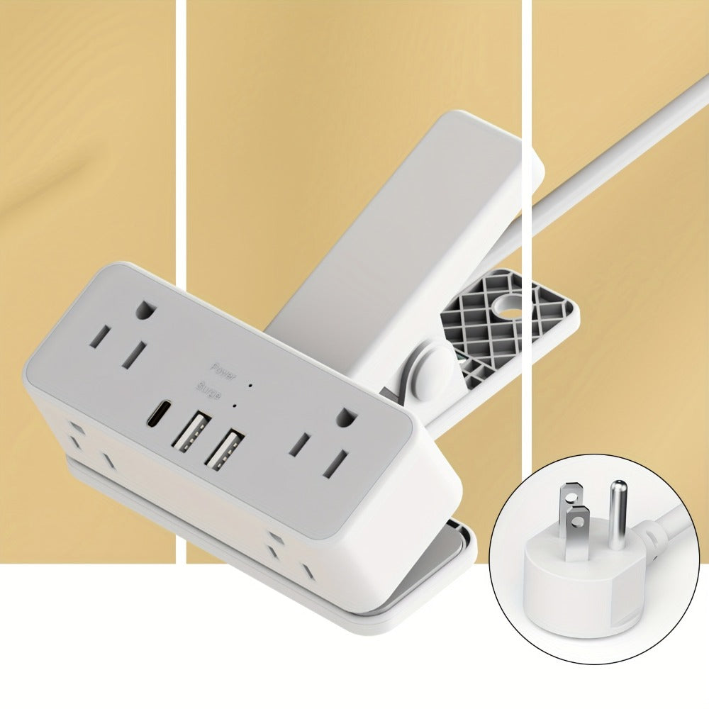 Clamp-On Desk Edge Power Strip with USB Ports & Surge Protection - 6ft Extension Cord, 1250W, US Plug, Clamp Design for Desktop Bed Edge Home Office Kitchen Charging Station