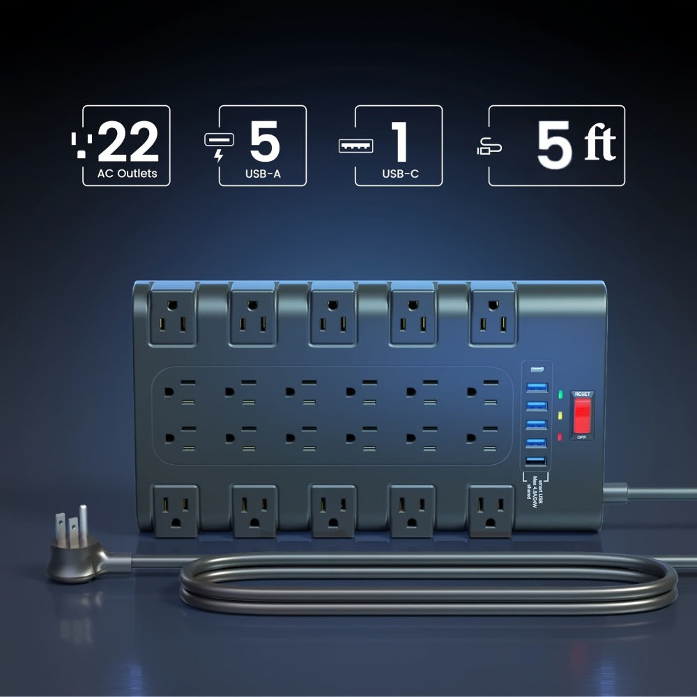 Heavy Duty Surge Protector Power Strip 28-in-1 with 22 Spacious AC Outlets USB-C PD 45W 2100 Joules Flat Plug Wall Mount 5-13Ft Extension Cord Multi-Outlet Power Bar with Control Switch for Home Office – Black
