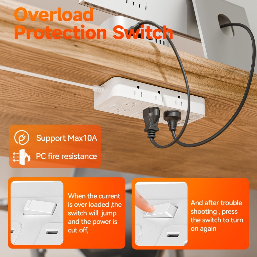 Flat Plug Power Strip 18-in-1 Fire-Resistant Surge Protector with 12 AC Outlets & 6 USB Ports (4 USB-A & 2 USB-C), 5ft Extension Cord, Charging Station for Home, Office & Travel