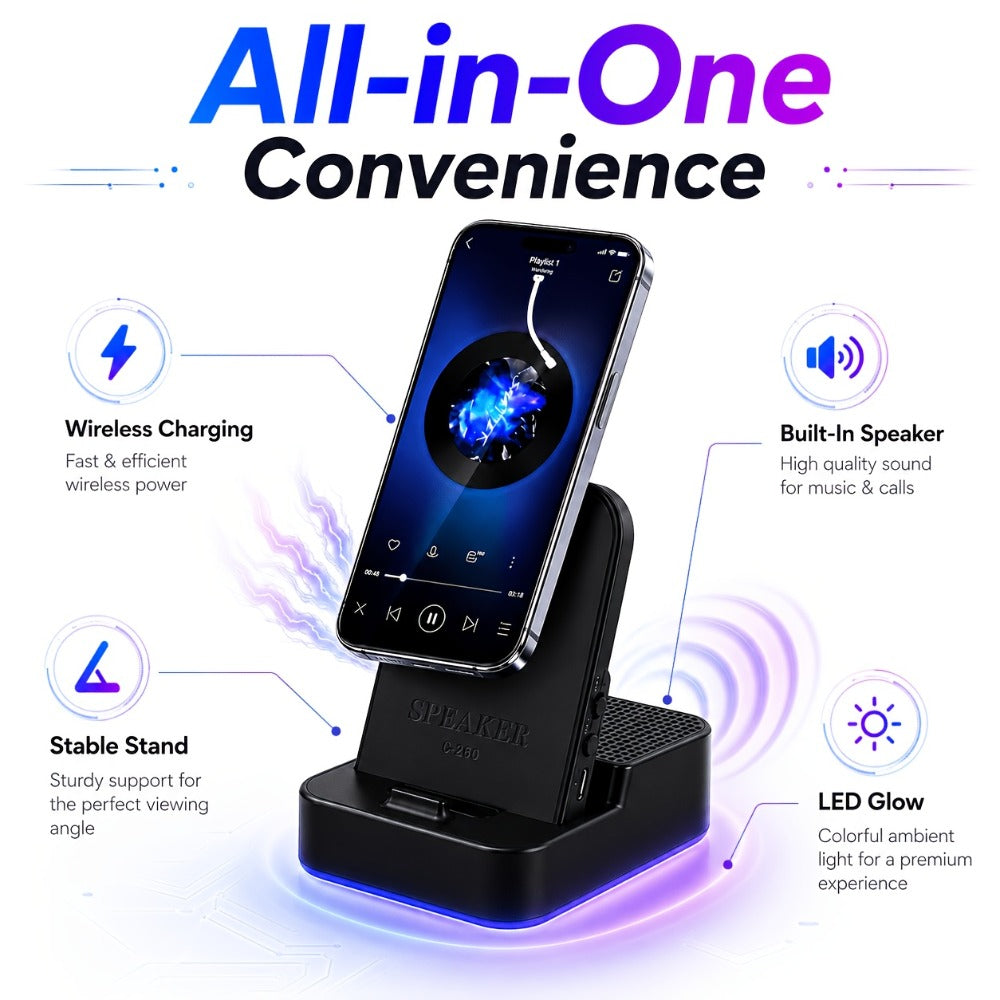 Magnetic Wireless Speaker Stand with Emergency Charging – 360° Adjustable Foldable Phone Holder, Portable Bluetooth Speaker, Compatible with iPhone & Android, for Home, Travel & Office