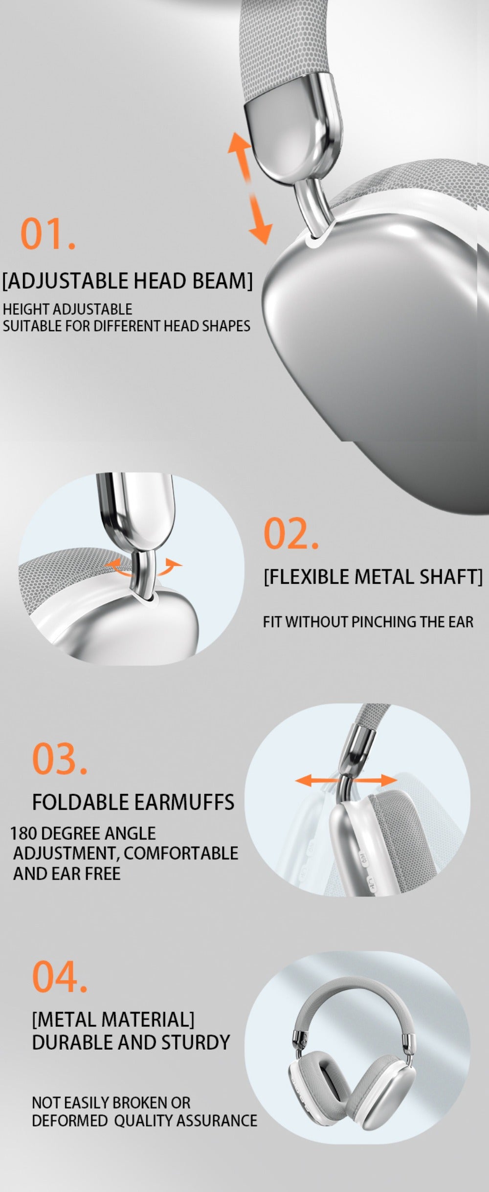 Rotatable Over-Ear Wireless Headphones Bluetooth 5.4 800mAh Large Battery Noise Reduction High Sound Quality Closed-Back Cushioned Headset for Sports Gaming Walking iOS Android Computer