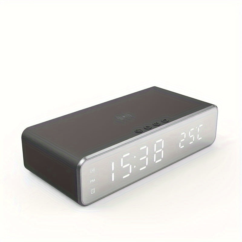 Alarm Clock Wireless Charger with Thermometer 3-in-1 LED Fast Charging Pad for iPhone & Android – 3 Alarms, 12/24H Display, Celsius/Fahrenheit, Power Saving Mode | Bedside Nightstand & Desk Gadget | Black & Silver