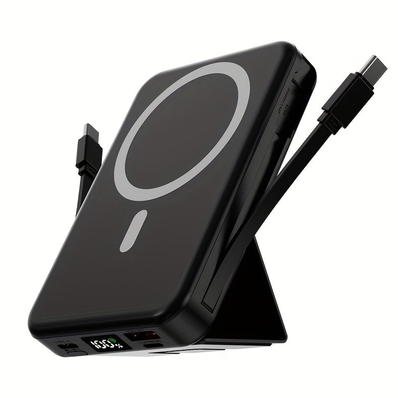10000mAh Mini Power Bank with PD 22.5W Fast Charging, 15W Magnetic Wireless Charging, Built-in 2 Cables, Phone Stand & Digital Display – Slim Portable Charger for iPhone, Android, Travel, Airplane