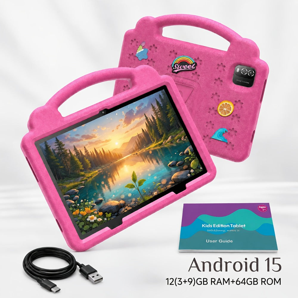 Kids Tablet 10.1 Inch Android 15 – 12GB RAM 64GB ROM Expandable 1TB, 6000mAh Battery, WiFi 6, 1280x800 IPS HD Screen, Dual Camera, Parental Controls, Pre-installed Games, Protective Case Included