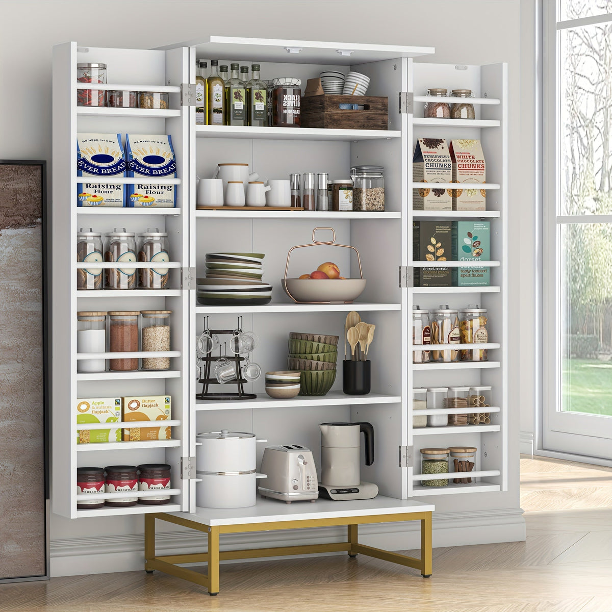 Kitchen Pantry Cabinet, 51 Inch Modern with 6 Adjustable Shelves Golden Metal Base Tall shown in the main product view
