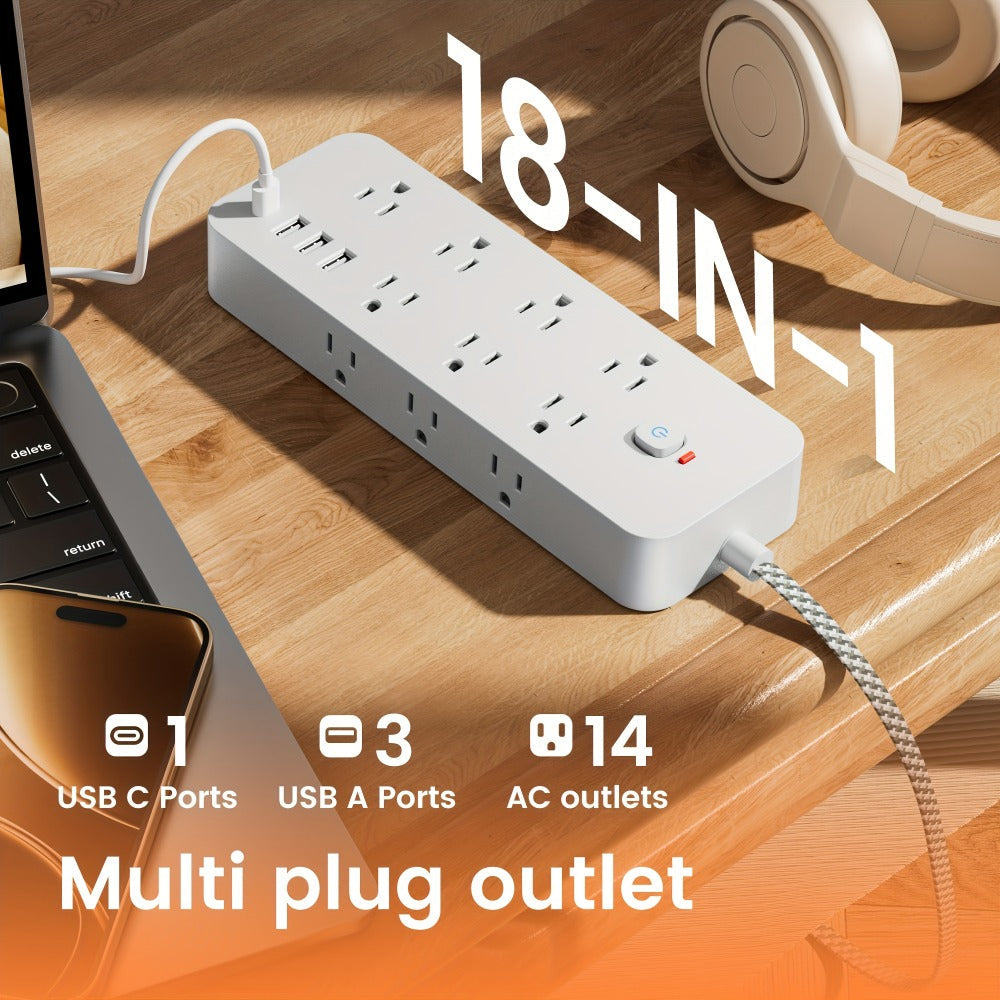 14-Outlet Power Strip Surge Protector 18-in-1 with 14 AC Outlets 3 USB-A 1 USB-C Port Independent Switch Overload Protection Multi-Plug Charging Station for Living Room Bedroom Bedside Office Balcony – Black & White