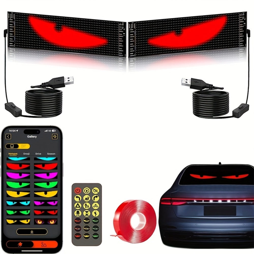 Devil Eye LED Headlight Panels 2 Pack Flexible RGB Matrix App & Remote Control - USB 5V Programmable Scrolling Text Animation Display for Car Windshield Headlight Modification Decoration 20x64