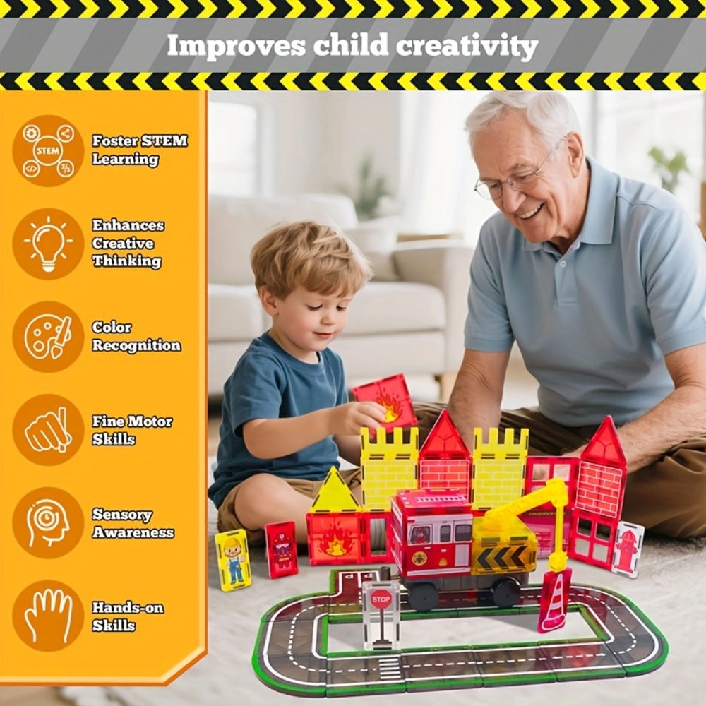 Magnetic Tiles Building Set, Firefighting Theme, Fire Truck & Station