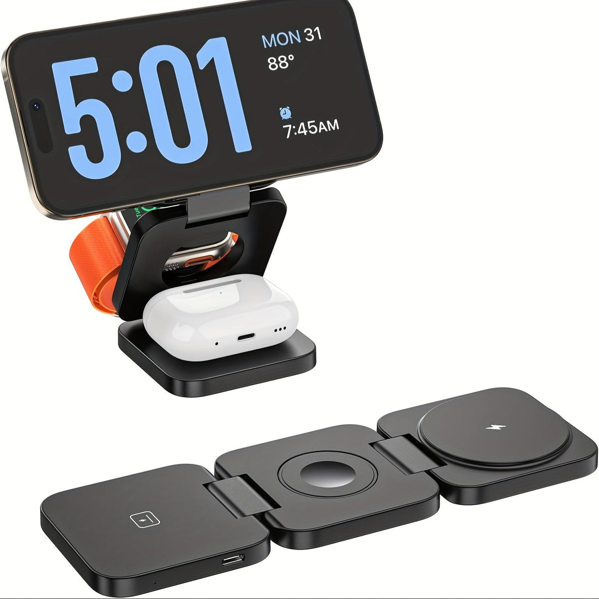 3-in-1 Foldable Travel Charging Station Magnetic Wireless Charger Dock for iPhone 17 16 15 14 13 12 Pro Max, Apple Watch Ultra 2 Series 9 8 7 6 5 4 3 2 SE, AirPods 4 3 2 Pro – Compact Portable – Black