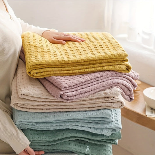 Cotton Waffle Blanket in Yellow, Lightweight 78.74 × 90.55-Inch Bed Cover