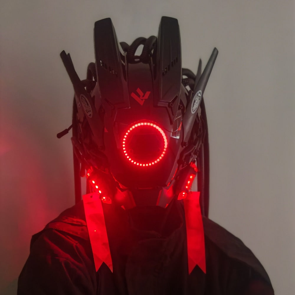 LED Punk Mask with Tubular Braids & Helmet – Futuristic Sci-Fi Mechanical Cosplay Mask for Halloween, Rave Music Festival & Party, Blue Green Pink, Handmade TPU PC Unisex Adult Costume Prop
